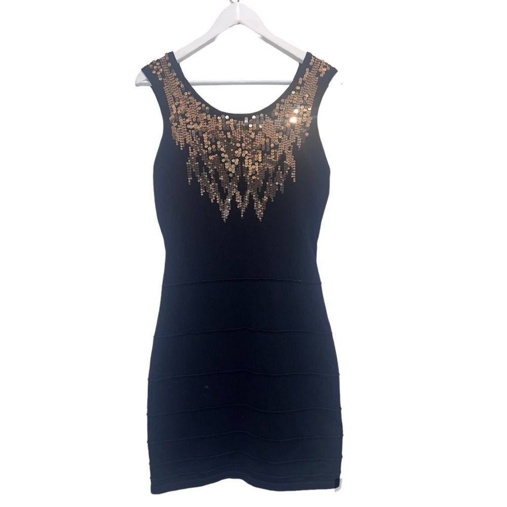 Y2K 2b Bebe Black Metallic Gold Sequin Bandage Sleeveless Cutout Back Slip - Picture 5 of 14